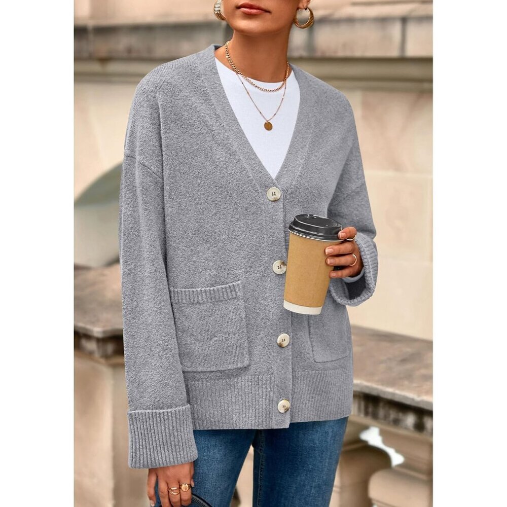 Women's Chunky Knit Oversized Cardigan V Neck Button Fall Winter - Picture 7 of 8